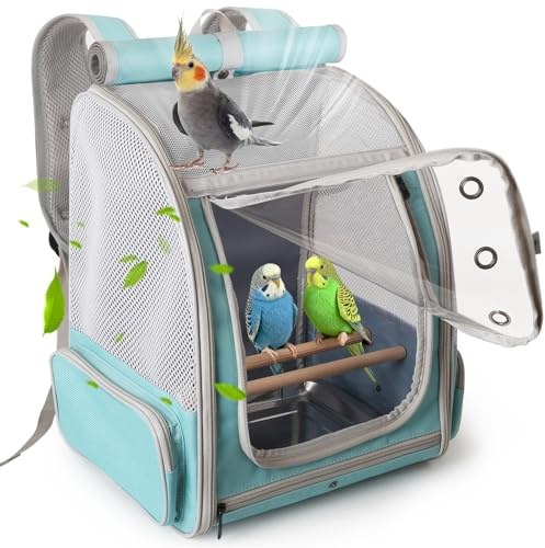 halinfer Bird Backpack Carrier Cage, Front Zipper Opening Portable Bird Travel Bag with Standing Perches and Metal Tray, Vented Carry Transport Carrier for Parakeet, Budgie, Conure, Cockatiel, Parrot