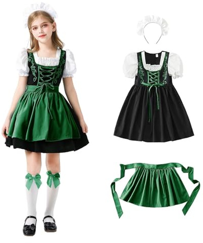 Déguisement Dirndl Robe Bavarois pour Enfant Fille Costume Bavarois Traditionnel pour Oktoberfest Tablier + Coiffure 3 Pièces Costume Allemand pour Carnaval, Halloween et Fête Costumée