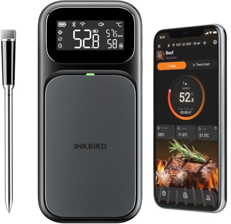 INKBIRD INT-31-BW Wireless Meat Thermometer, WiFi & Bluetooth Multi-Sensing Temperature Probe, Meat Thermometer Probe,NIST Approved Accuracy,Temp Alarms with Cooking Time Estimator