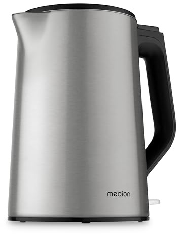 MEDION Wasserkocher Edelstahl (1,5 Liter, 2.200 Watt, 360° Basis, Warmhaltefunktion, LED Betriebsanzeige, Doppelwandiges Edelstahlgehäuse, MD12105) silber