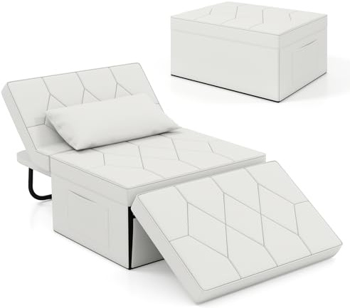 COSTWAY 4-in-1 Convertible Sofa Bed, Single Sofa Chair Sleeper Folding Ottoman with Adjustable Backrest, Retractable Legs and Pillow, Modern Tufted Lounge Couch Guest Bed (Linen Fabric, White)