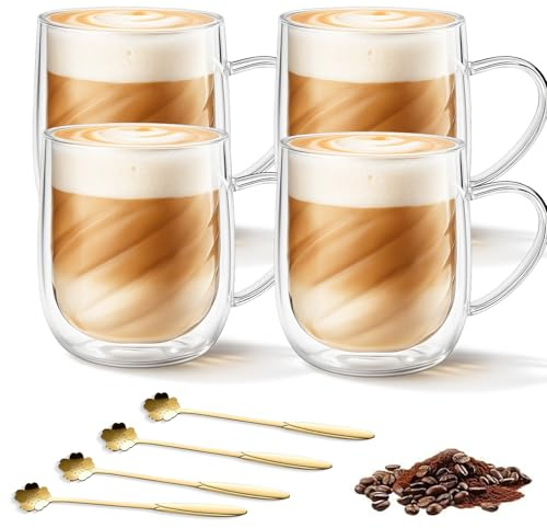 Jinfanshurich Set di 4 bicchieri da latte macchiato, 350 ml, a doppia parete, in vetro borosilicato con manico e cucchiaio, per cappuccino, tè, espresso, latte e bevande calde (4 pezzi)