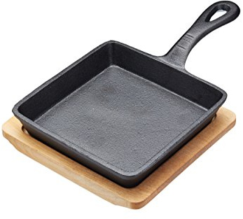 Artesà Mini Frying Pan with Wooden Serving Board in Gift Box, Square, Cast Iron, 16 x 24.5 cm, Black/Beige