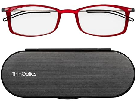 ThinOptics Brooklyn Reading Glasses 2.00 Rectangular Red Frames With Milano Magnetic Case - Thin Lightweight Compact Readers 2.00 Strength