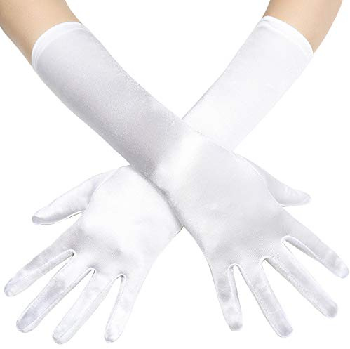 Coucoland Damhandskar, satin, klassisk opera, fest, Audrey Hepburn, handskar, 1920-tals handskar, damer, långa, korta, elastiska, Vit/38 cm, En Storlek