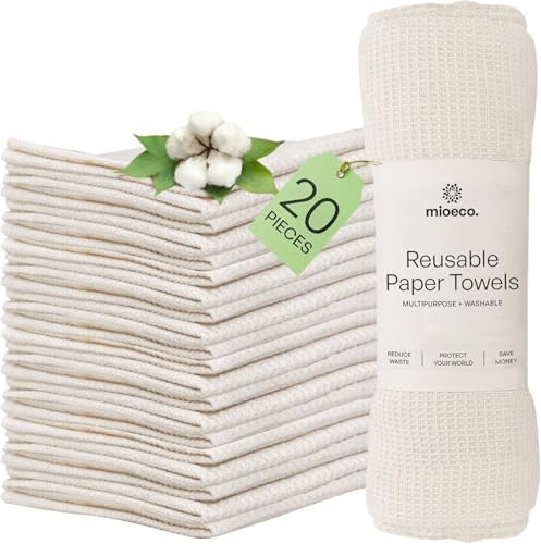Mioeco Pack de 20 Bayetas Reutilizables – Paños de Cocina de Algodón Ecológico Lavables – Alternativa Sostenible a los Rollos de Cocina – Súper Absorbentes, Resistentes y Ecológicas