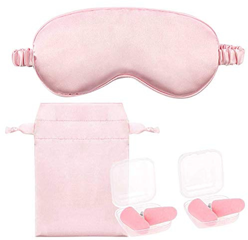 Pink Sleep Eye Mask Silk Sleep Mask Ultra Soft Blindfold Breathable Eye Cover Sleeping Mask Eyeshade with Elastic Strap and Ear Plug for Men Women Kids Night Sleeping Travel Nap Mothers Day Presents
