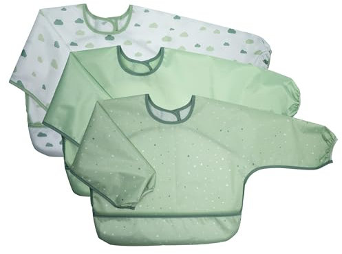 MiaMia Baby Lätzchen 3er Set mit Ärmeln und Auffangschale - Ärmellätzchen mit Klettverschluss, OEKO-TEX® Standard 100 geprüft, wasserabweisend und abwaschbar - Grün