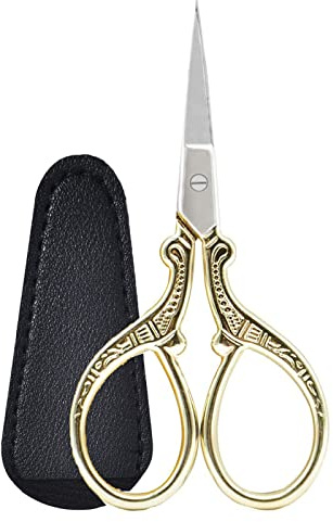MEITREND Classic Gold Stainless Steel Scissors, Ambidextrous, 3cm Blade, 9.4cm Length, 0.02kg, For Fabric, Embroidery, Trim, Travel, With Leather Protector