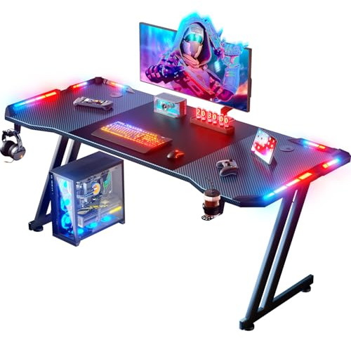 HLFURNIEU Mesa Gaming con LED, 160 x 60 cm Ergonómico Mesa Gamer, Escritorio Gaming con Superficie de Fibra de Carbono, Escritorio Gamer con Portavasos y Gancho para Auriculares, Negro