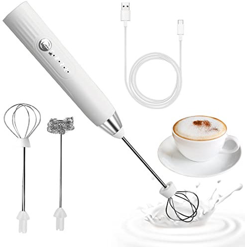 milchaufschäumer elektrisch stab, USB wiederaufladbar milchschäumer elektrisch, elektrischer schneebesen 3 einstellbare geschwindigkeiten edelstahl für kaffee cappuccino latte (Silberweiß)