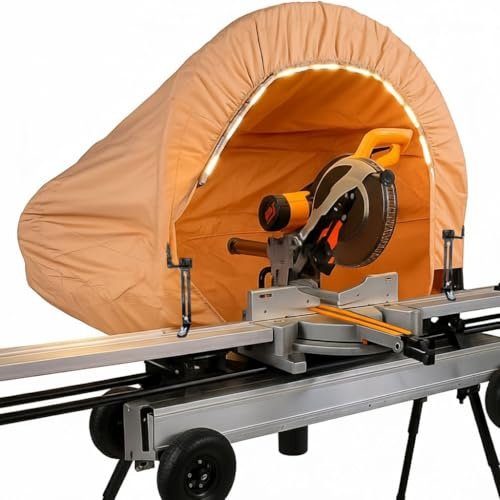 MOOFI Lighted Miter Saw Dust Collection Hood, Dust Solution for Miter Saws,Come with Accessory Holes, Storage Bag, Khaki