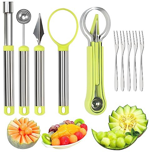 GOSHIES 10 Stück Obst Werkzeug Set 4 in 1 Obst Löffel Cutter Set Edelstahl Obstwerkzeug Set Multifunktion Melonenausstecher mit Obstmesser Werkzeugset für Obstsalate