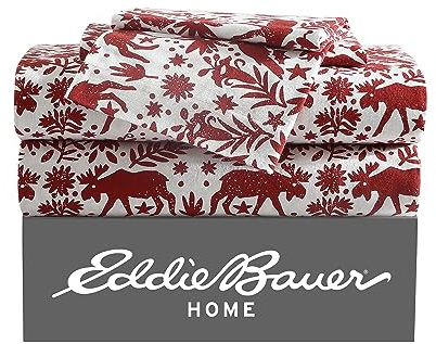 Eddie Bauer - Sábanas matrimoniales, Juego de Ropa de Cama de Franela de algodón, Cepillado para Mayor suavidad, acogedora decoración para el hogar (Rojo Arcadia, matrimonial)