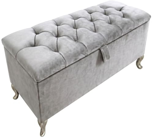 SK LUXURY LIVING Ottoman Storage Box - Engineered Wood Fabric Buttons Luxurious Plush Velvet Ottoman Storage Bench, Perfectly Designed Ottoman for Bedroom Storage (Silver Plush, Legs)