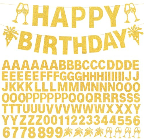 129Pcs DIY Custom Letter Banner Glitter Customizable Banner Kit 0-9 Numbers DIY Happy Birthday Letters Light Rope Personalized Banners for Wedding Birthday Party Decorations Supplies(Dazzling Glod)