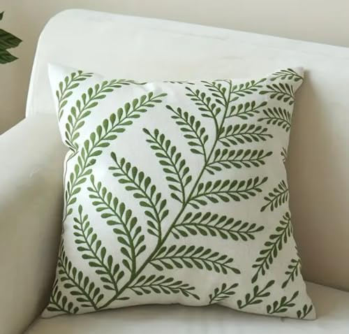 ZUODUTEX Green Leaves Embroidered Throw Cushion Cover, 18 x 18 Inch | 1PC, Decorative Square Pillow Cushion Case, For Living Room Bedroom Couch Sofa, Home Decor Room Decor, 45x45CM
