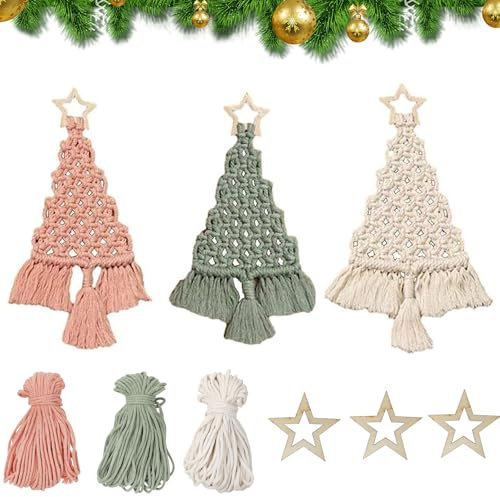 RANJIMA Makramee Set für Weihnachtsdeko, 3 Set Weihnachtsbaum DIY Makramee Zubehör für Anfänger, Macrame Bastelset mit Anleitung,Basteln Erwachsene für Weihnachts Deko, Traumfänger, Weihnachtsschmuck