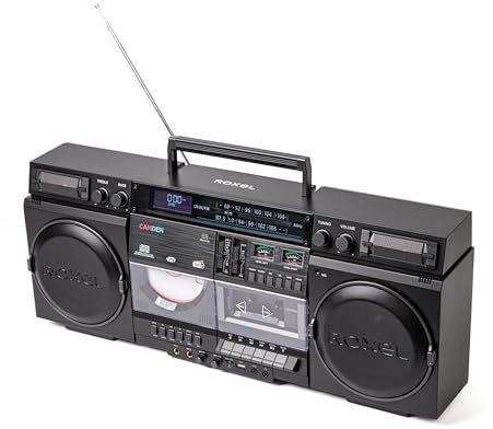 Roxel Camden Retro Cassette CD Player Boombox with DAB/FM Radio, Portable Vintage Player, BT 5.3, USB/TF/SD Playback, Mains Power, Headphone Jack, Vintage Design (Black)