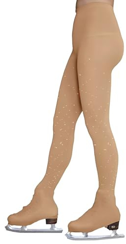 flexdans Eiskunstlauf Strumpfhose mit Kristallen und Doppelschnallen, Rollschuh und Eislauf Strumpfhose Ski Skating für Damen und Mädchen 9049 Tan 10-14
