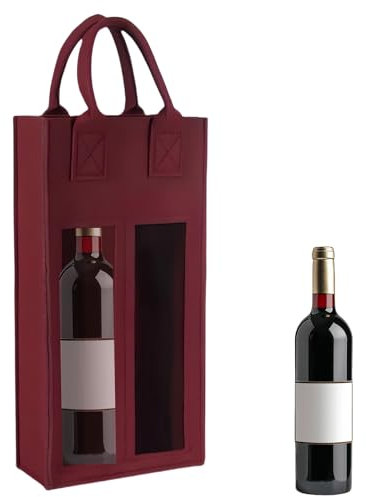 Zykphao Double Wine Bag with Window, Felt Bottle Gift Bag with Handle Reusable Wine Carrier Tote Bag for Party Favors, Travel, Wedding, Christmas for Any Occasion (Red)