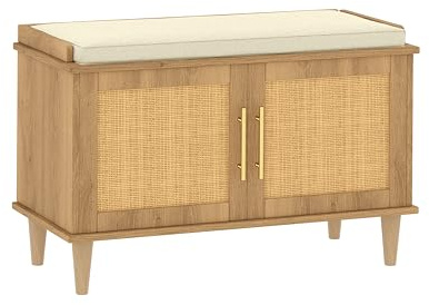 Akxomel Rattan Shoe Storage Bench with Cushion, 2-Tier Entryway Bench with Adjustable Shelves and 2 Doors, 15 D x 31.5 W x 20 H, Solid Wood Legs, for Hallway, Living Room, Bedroom, Natural Oak