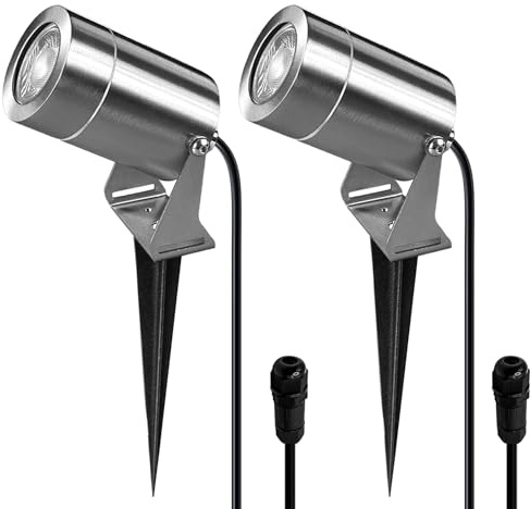 JNR Lampada da giardino in acciaio inox LED con picchetto IP65 impermeabile, lampada da giardino inclusa. Lampadina GU10 da 5W 3000K bianco caldo, cavo da 2m. Nessuna spina. Illuminazione da giardino