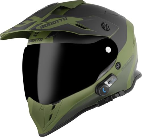Bogotto H331 BT Tour EVO Bluetooth Casco Enduro, Nero Opaco/Verde, S