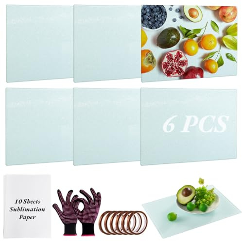 YOFAPA 6 Pcs Sublimation Glass Cutting Boards, 11.2×7.8 Blank Glass Chopping Boards with Sublimation Tape, Paper, Heat-Resistant Gloves, Non-Slip Tempered Glass Cutting Boards for DIY, Kitchen