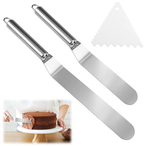Angled Palette Cake Set, 2 Pieces Cake Knives Stainless Steel and 1 Triangular Plastic Cake Spatula, Painting Palette for Cakes, Angle Palette Small, Cake Palette for Spreading and Decorating Cakes