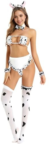 ROSVAJFY Disfraz de sirvienta sexy de 9 piezas, disfraz de vaca, anime, cosplay, juego de lencería para mujer, sujetador, bragas, babydoll, micro bikini, delantal, uniforme de encaje, cuello en V, sin