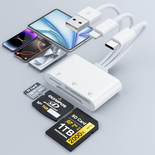 3-in-3 i Phone SD Card Reader, USB C + Lightning + USB A Connector Memory Card Reader for SD/TF/XD Card, XD Card Reader Plug and Play, Multi Micro SD Card Reader for i Phone/iPad/Android/MacBook/PC
