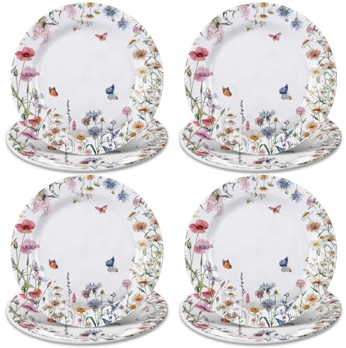 Qinyoung 8 Pcs Wildflower Salad Plates 8 Melamine Spring Dinner Plates Plastic Dishes Summer Dinnerware for Wedding Baby Shower Birthday Party Supplies Table Decorations