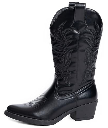 URBAN ROSA Stivali Texani Donna Cowboy Western con Punta Ricami e Tacco Largo Stivaletti Chic 957 (NERO, 38 EU, Adulto, 38, Numero, Sistema Taglie Calzature EU, Media)
