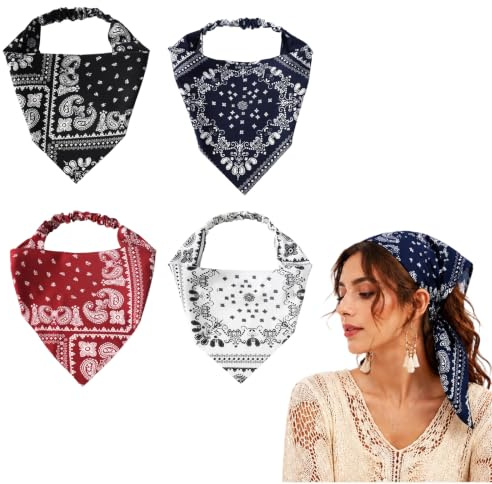 JOVYTH Bandana Boho – 4 Foulards Triangulaires en Blanc, Marine, Noir & Bordeaux, Motif Paisley, Polyvalents pour Diverses Coiffures & Occasions