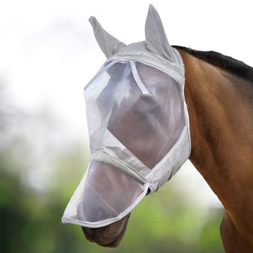 Harrison Howard CareMaster Horse Fly Mask Large Eye Space Long Nose with Ears Full Face Moonlight Silver Medium Cob