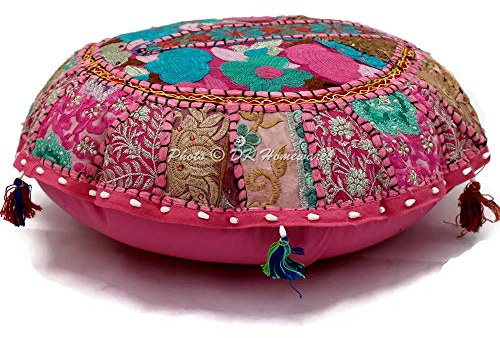 DK Homewares Round Traditional Bohemian Floor Cushions Seating for Adults Baby Pink 18 Inch Patchwork Seating Pouf Ottoman Home Decor Embroidered Vintage Cotton Indian Floor Pillow Cover 45 cm