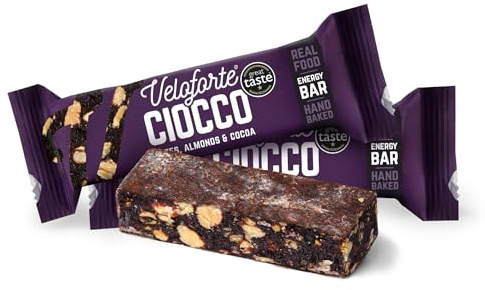 Veloforte Ciocco Energy Bar For Running, Cycling, Triathlon | Optimally balanced carbs and protein for sports. Gut-friendly, high-fibre, vegan and gluten-free | Dates, Almonds & Cocoa | 9-pack