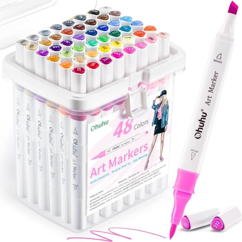 Ohuhu markers, 47+1 colori Pennello e scalpello con doppia punta per pennarelli ad alcool Facile sfumatura per artisti principianti studenti Colorazione Schizzi Illustrazioni Anime e Manga