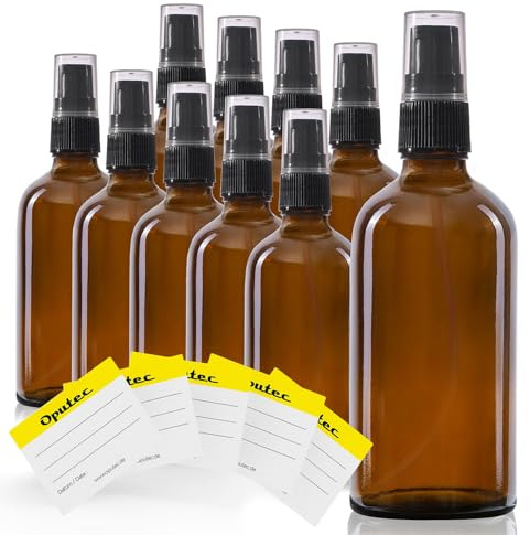 Oputec 10 x 100 ml Reise-Pumpspender Pumpflaschen aus Braunglas + 10 Etiketten - Kleine Mini Flaschen Cremespender Lotionspender zum Befüllen