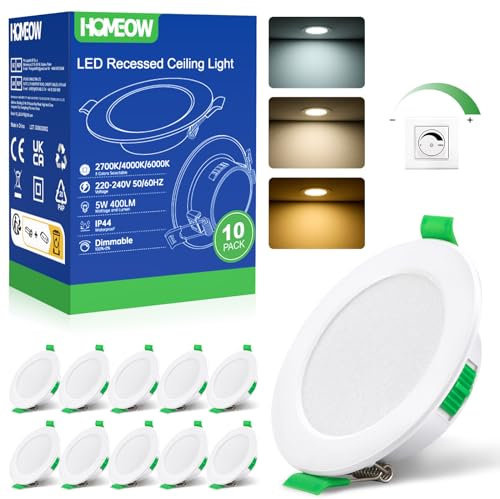 HOMEOW Spot LED Encastrable Dimmable 5W, Spot LED Encastrable 68mm-78mm Découpe, Blanc Chaud 2700K Blanc Neutre 4000K Blanc Froid 6000K Réglable Spot Salle de Bain IP44 pour Salon Cuisine, Lot de 10