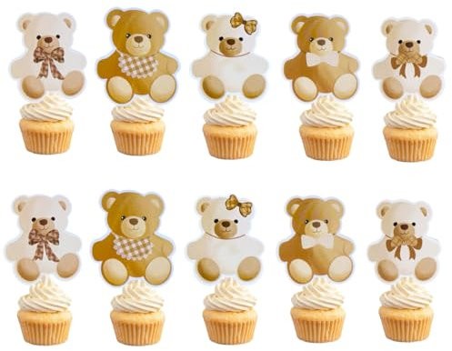 Lot de 25 décorations de fête d'anniversaire en forme d'ours pour fête prénatale - Décorations de table pour cupcakes sur le thème de l'ours - Fournitures de fête prénatale