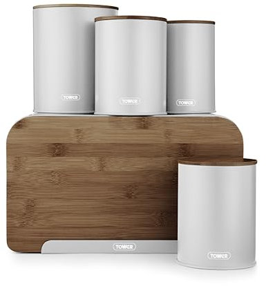 Tower T826141DGRY Scandi 5 Piece Storage Set with Bread Bin, Biscuit Barrel, 3 Canisters for Tea, Coffee, Sugar and Other Loose Ingredients, Durable Iron Body and Anti-Slip Base (Bread Bin), Dove Grey