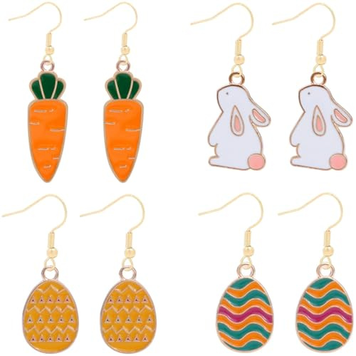 XYTAHDM 4 Paires de Boucles d'Oreilles Pendantes de Pâques pour Femmes, Lapin Carotte Mignonnes, Oeuf Colorées en Émail