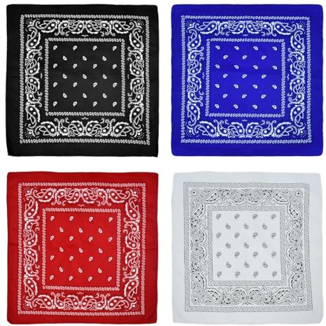 ZORVUJI Bandana Uomo Donna in Cotone - 4 Pezzi Bandane Colorate Paisley per Capelli, Ciclismo, Moto, Mare, Fasce Multifunzione (Blu, Rossa, Bianca, Nera)
