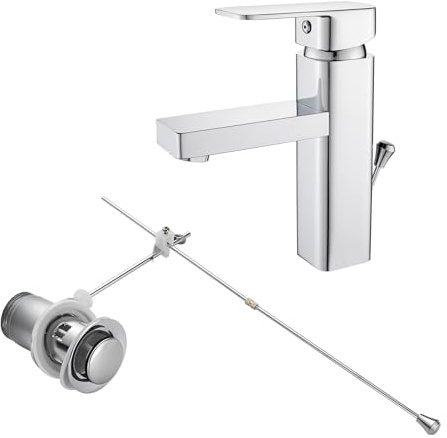 KEOKBON Brass Bathroom Tap with Pull Rod, No Dirty Hands Low Spout Bathroom Sink Faucet, Washbasin Mixer Tap, Square Design, Chrome