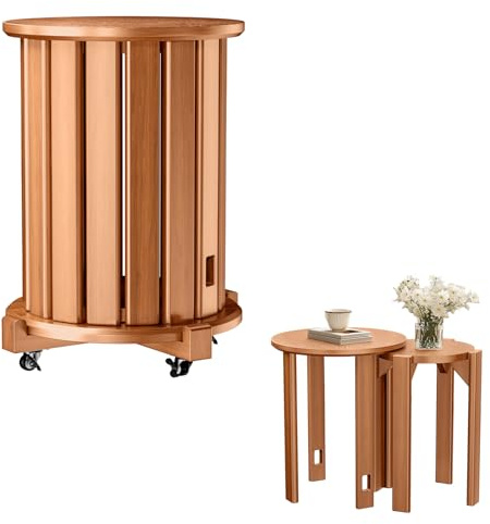 tekrabea Round Stackable Stools Set of 4, Wooden Nesting Chairs on Wheels, No Assembly Required Round Stacking Stool for Kitchen, Living Room, Bar, Dorm (Wooden)