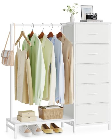 SONGMICS Chest of Drawers, 5 Fabric Drawers, Freestanding Wardrobe with Hanging Rail and Bottom Shelf, 96.2 x 30 x 117.7 cm, for Bedroom, Closet, Hallway, Living Room, Cloud White LGS423W101