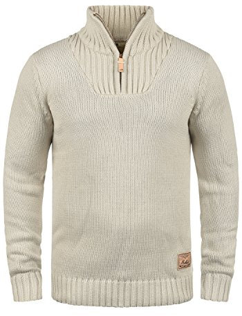 !Solid SDPetro Herren Strickpullover Troyer Grobstrick Pullover mit Troyerkragen Rippbündchen Label-Details Baumwollmischung Regular fit, Größe:L, Farbe:Oyster Grey (8215)