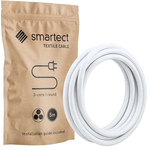 smartect Cavo Elettrico Tessile Bianco, 5 Metri Filo Elettrico Vintage, Tripolare (3 x 0.75mm²) Cavo Elettrico Rivestito in Tessuto per Fai da Te
